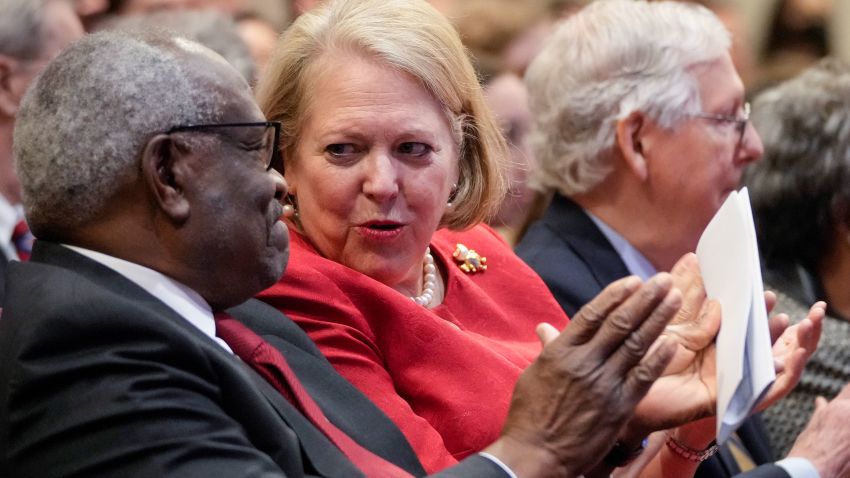 WASHINGTON, DC - OCTOBER 21: (L-R) Associate Supreme Court Justice Clarence Thomas sits with his wife and conservative activist Virginia Thomas while he waits to speak at the Heritage Foundation on October 21, 2021 in Washington, DC. Clarence Thomas has now served on the Supreme Court for 30 years. He was nominated by former President George H. W.  Bush in 1991 and is the second African-American to serve on the high court, following Justice Thurgood Marshall. (Photo by Drew Angerer/Getty Images)