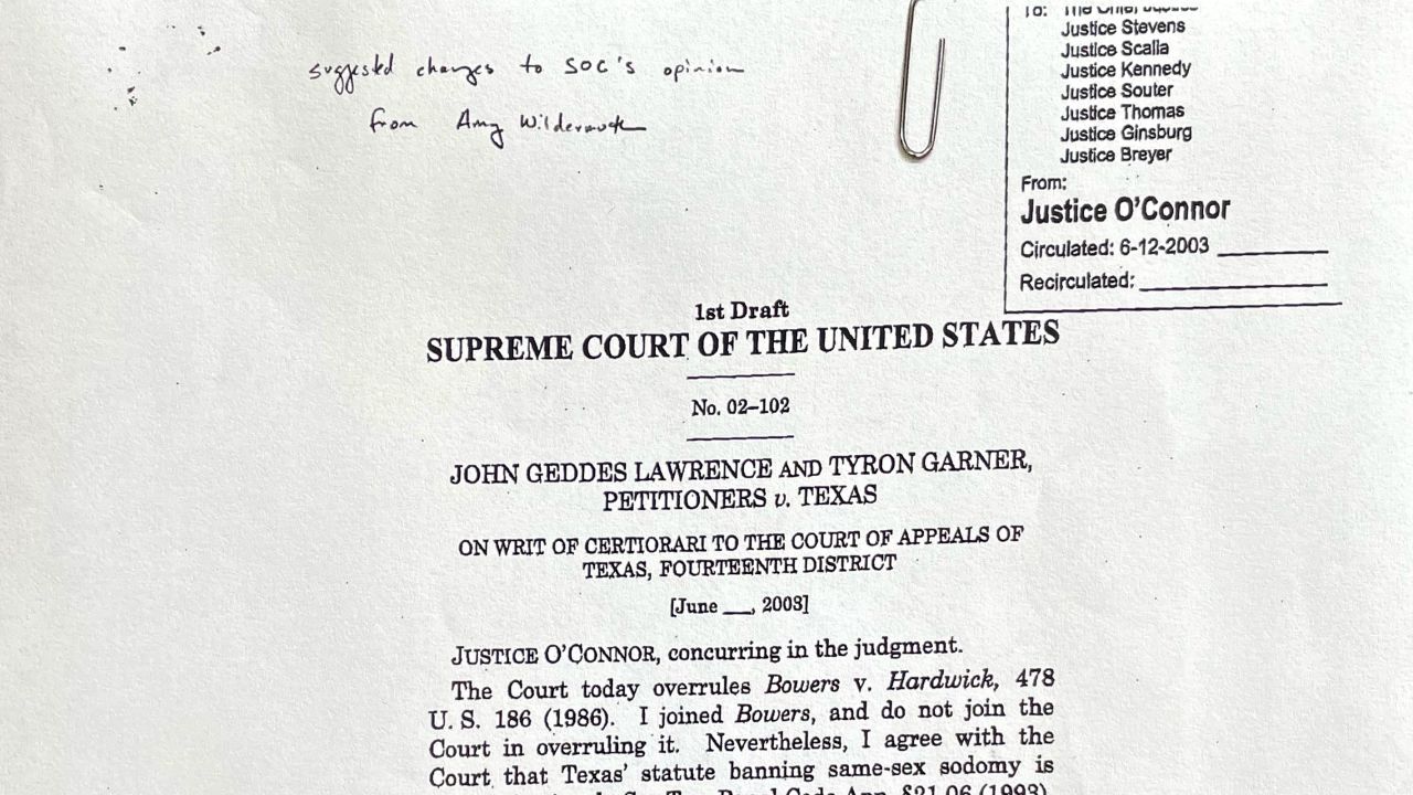 Draft of concurrence from Justice Sandra Day O'Connor with reference to clerk Amy Wildermuth.