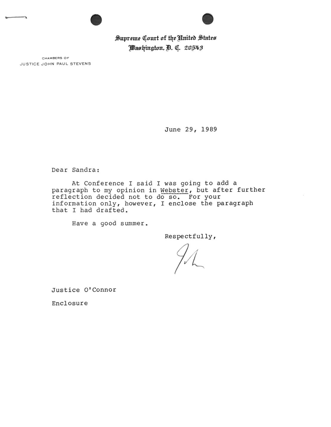 1989 memo from Justice John Paul Stevens to Justice Sandra Day O'Connor.