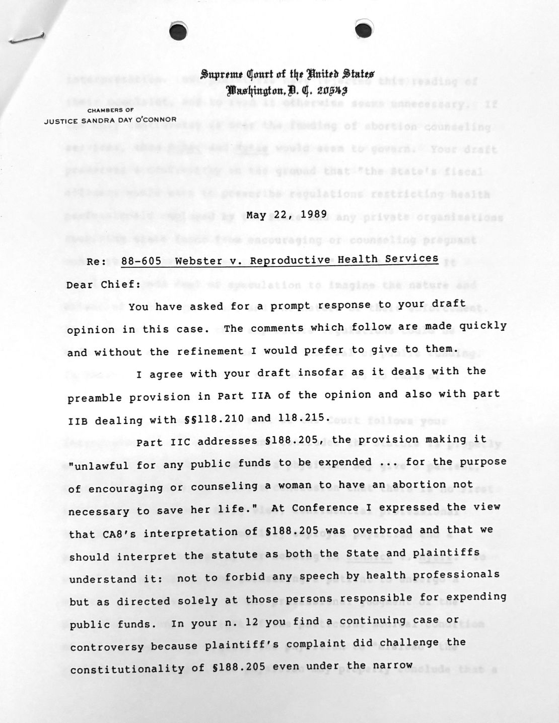 Memo from Justice Sandra Day O'Connor in 1989.