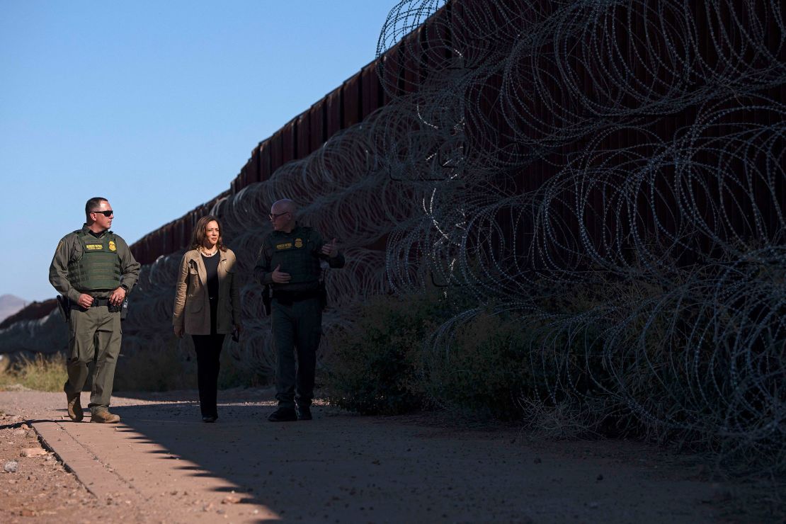 Vice President Kamala Harris visits the US-Mexico border with US Border Patrol Tucson Sector Chief John Modlin, right, in Douglas, Arizona, on September 27, 2024.